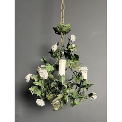 Lustre en Tôle Peinte à Décor de Feuillage Vert et Fleurs | Maison Barrois