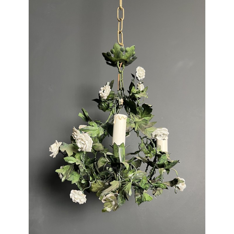Lustre en Tôle Peinte à Décor de Feuillage Vert et Fleurs | Maison Barrois