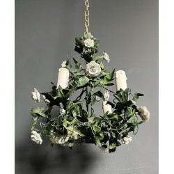 Lustre en Tôle Peinte à Décor de Feuillage Vert et Fleurs | Maison Barrois