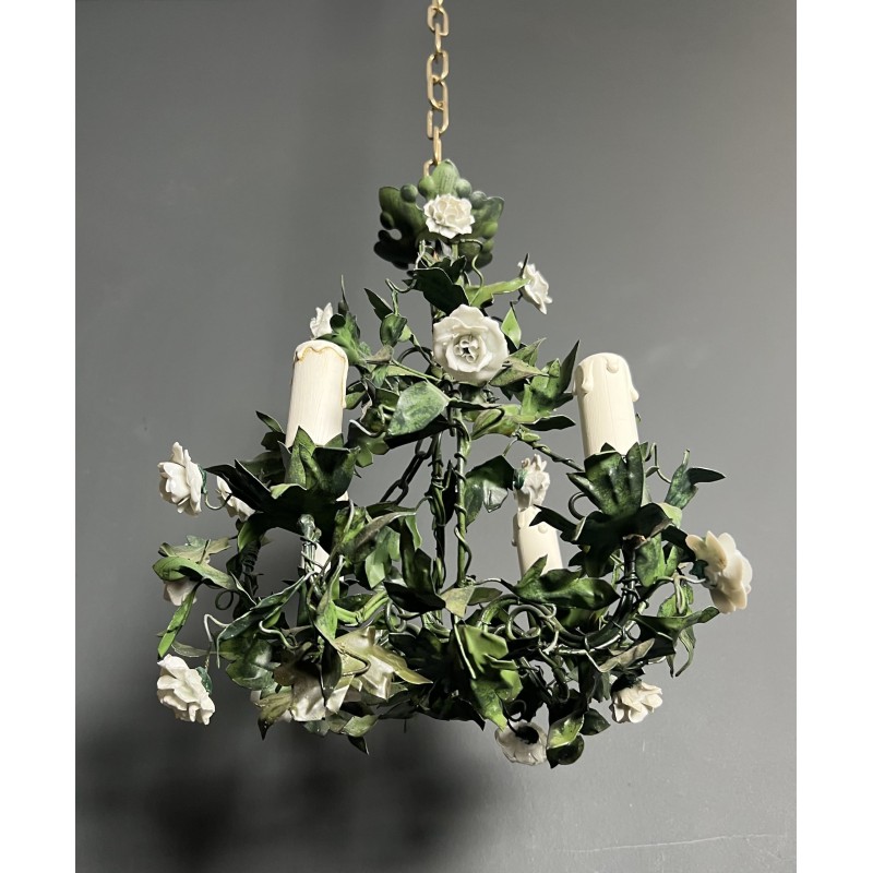 Lustre en Tôle Peinte à Décor de Feuillage Vert et Fleurs | Maison Barrois