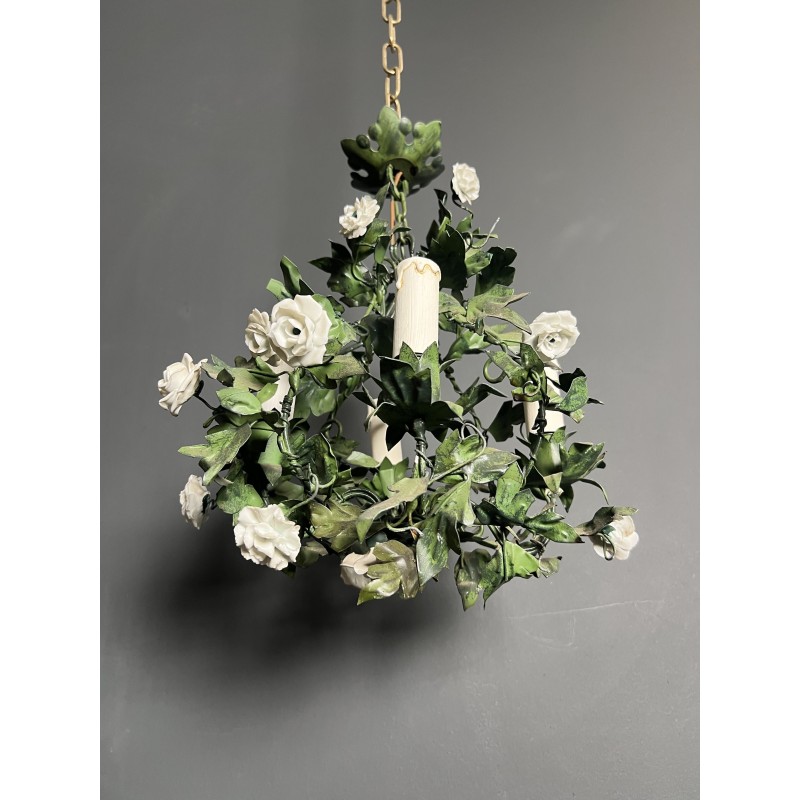 Lustre en Tôle Peinte à Décor de Feuillage Vert et Fleurs | Maison Barrois