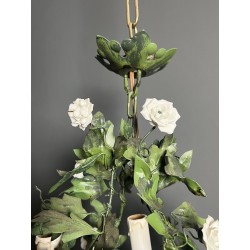 Lustre en Tôle Peinte à Décor de Feuillage Vert et Fleurs | Maison Barrois