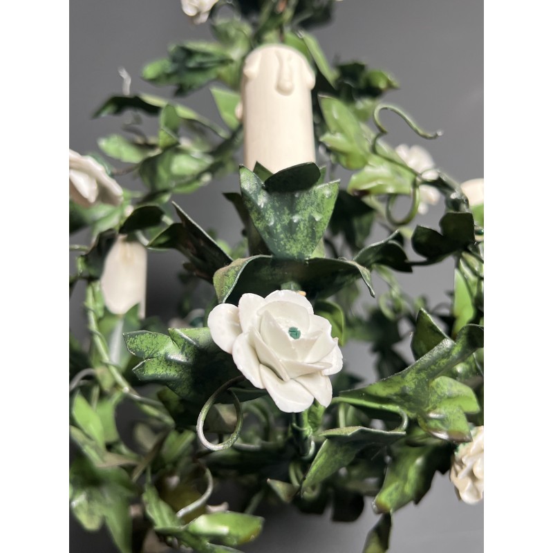 Lustre en Tôle Peinte à Décor de Feuillage Vert et Fleurs | Maison Barrois