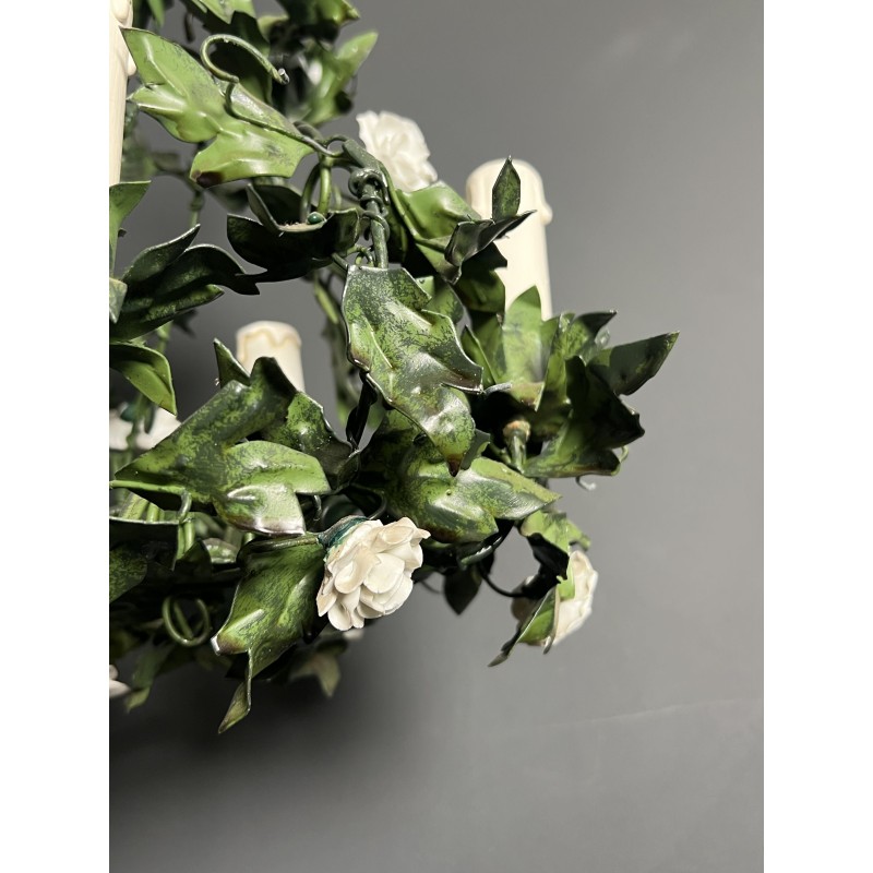 Lustre en Tôle Peinte à Décor de Feuillage Vert et Fleurs | Maison Barrois