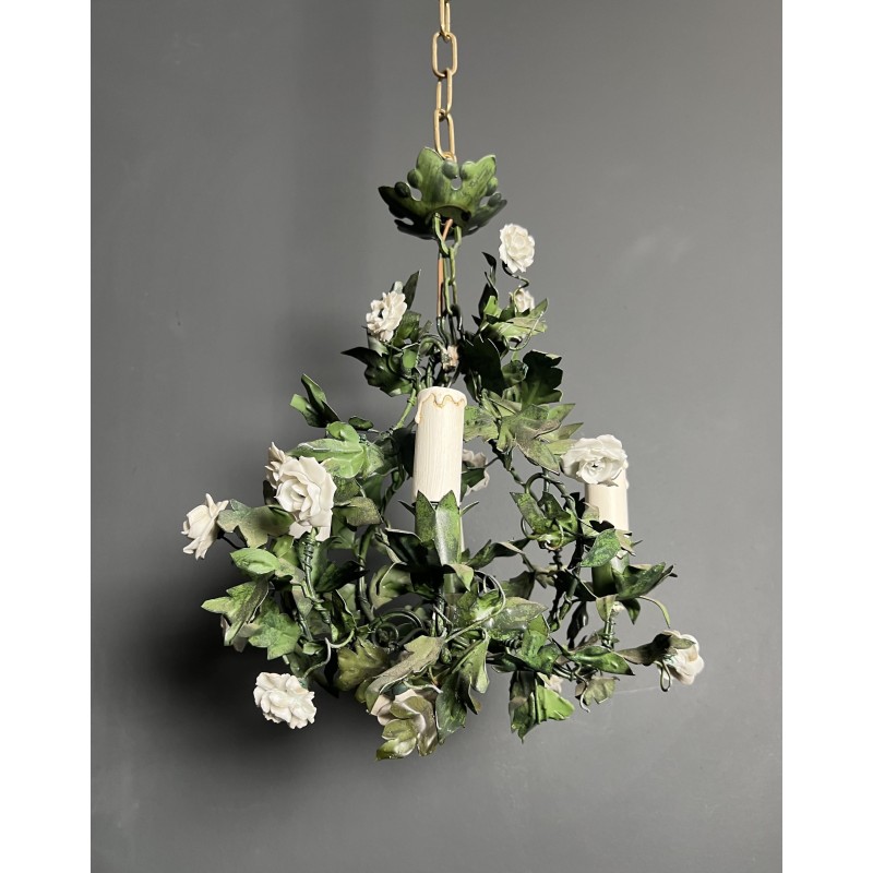 Lustre en Tôle Peinte à Décor de Feuillage Vert et Fleurs | Maison Barrois