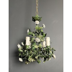 Lustre en Tôle Peinte à Décor de Feuillage Vert et Fleurs | Maison Barrois