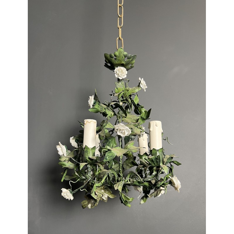 Chandelier in Painted Tole with Green Foliage and White Po | Maison Barrois