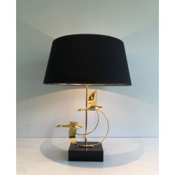 Lampe de Table en Laiton à Vol d’Oies Sauvages, Travail Français, vers 1970