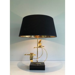Lampe de Table en Laiton à Vol d’Oies Sauvages, Travail Français, vers 1970