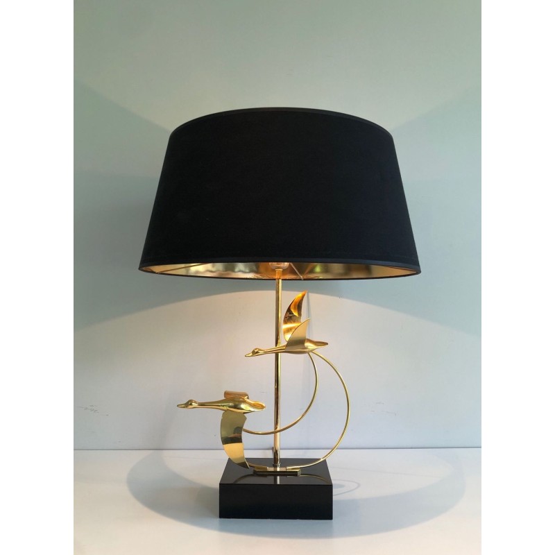 Lampe de Table en Laiton à Vol d’Oies Sauvages, Travail Français, vers 1970