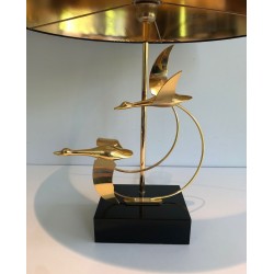 Lampe de Table en Laiton à Vol d’Oies Sauvages, Travail Français, vers 1970