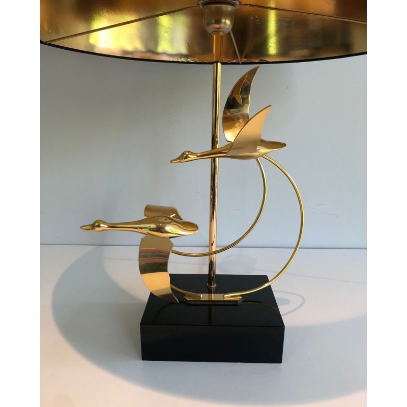 Lampe de Table en Laiton à Vol d’Oies Sauvages, Travail Français, vers 1970