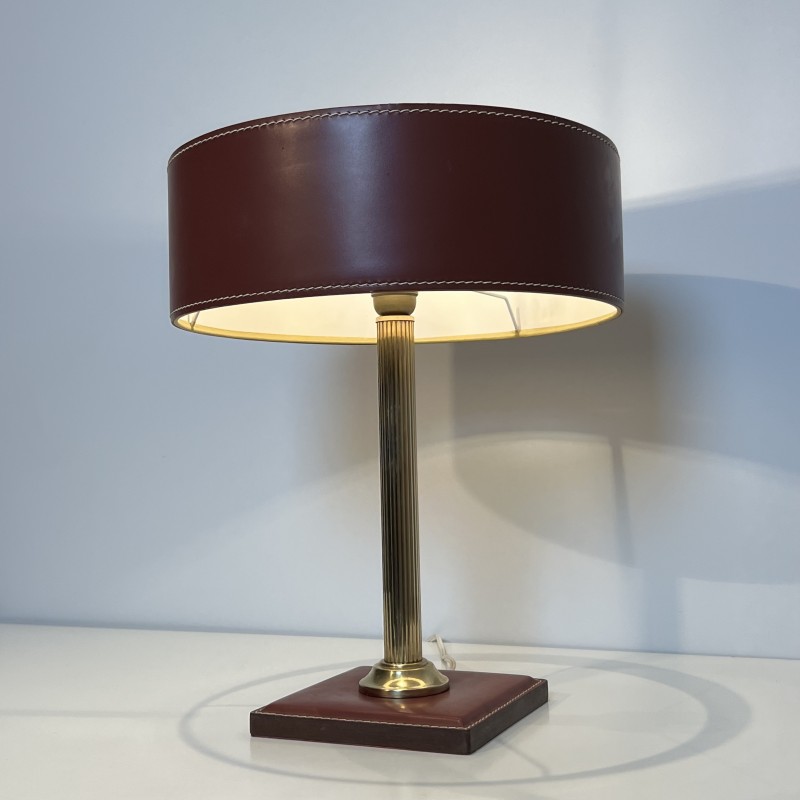 Table Lamp in Burgundy Saddle-Stitched Leather and Gilt, N | Maison Barrois