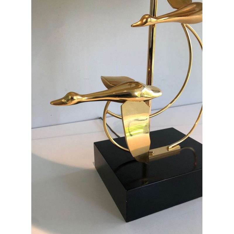 Lampe de Table en Laiton à Vol d’Oies Sauvages, Travail Français, vers 1970