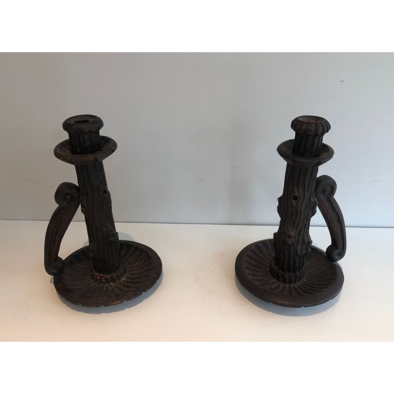 Pair of Brutalist Carved Wood Candleholders, French Work, circa 1950