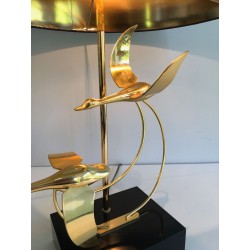 Lampe de Table en Laiton à Vol d’Oies Sauvages, Travail Français, vers 1970