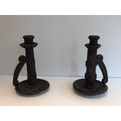 Paire de Bougeoirs Brutalistes en Bois Sculpté, Travail Français, vers 1950