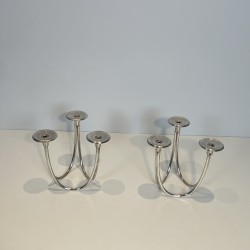 Pair of Candlesticks with Three Lights in Chrome Metal, Mo | Maison Barrois