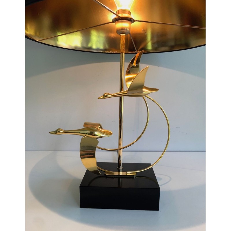 Lampe de Table en Laiton à Vol d’Oies Sauvages, Travail Français, vers 1970