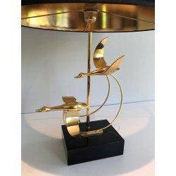 Lampe de Table en Laiton à Vol d’Oies Sauvages, Travail Français, vers 1970