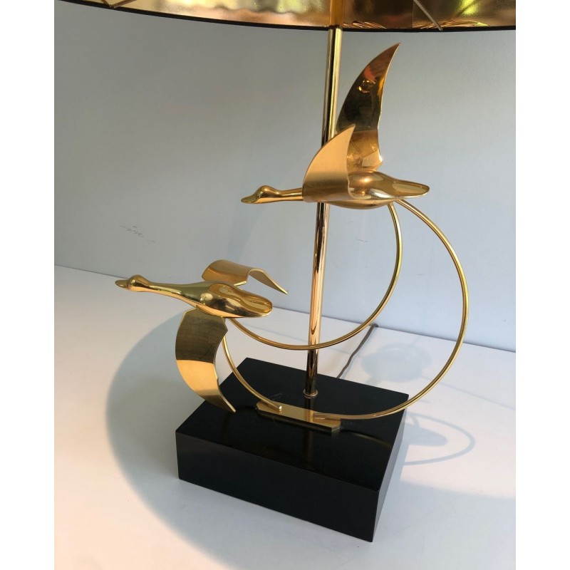 Lampe de Table en Laiton à Vol d’Oies Sauvages, Travail Français, vers 1970