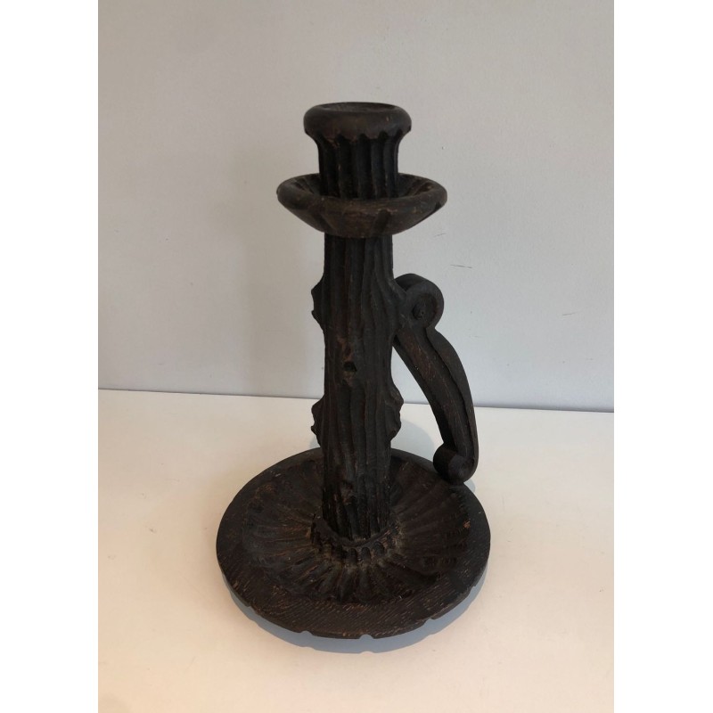 Paire de Bougeoirs Brutalistes en Bois Sculpté, Travail Français, vers 1950