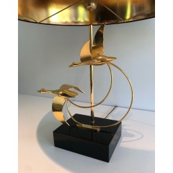Lampe de Table en Laiton à Vol d’Oies Sauvages, Travail Français, vers 1970