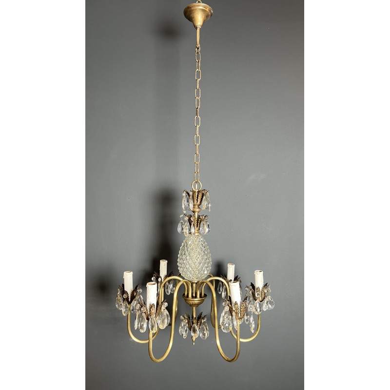 Lustre Ananas en Verre Taillé et Laiton Doré à Six Bras de | Maison Barrois