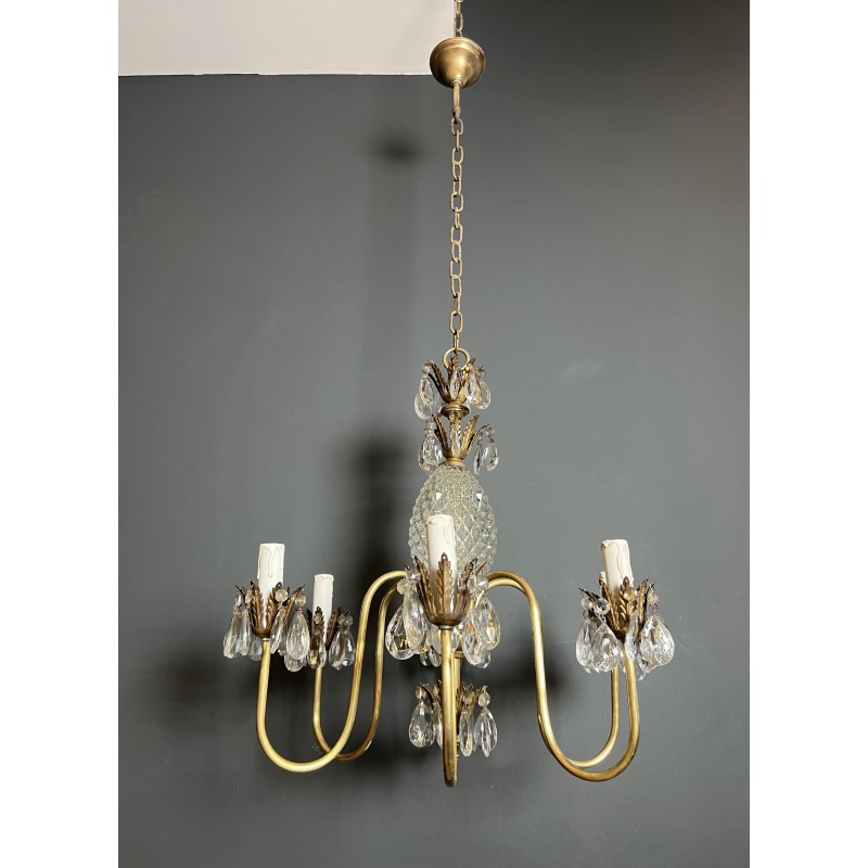 Lustre Ananas en Verre Taillé et Laiton Doré à Six Bras de | Maison Barrois