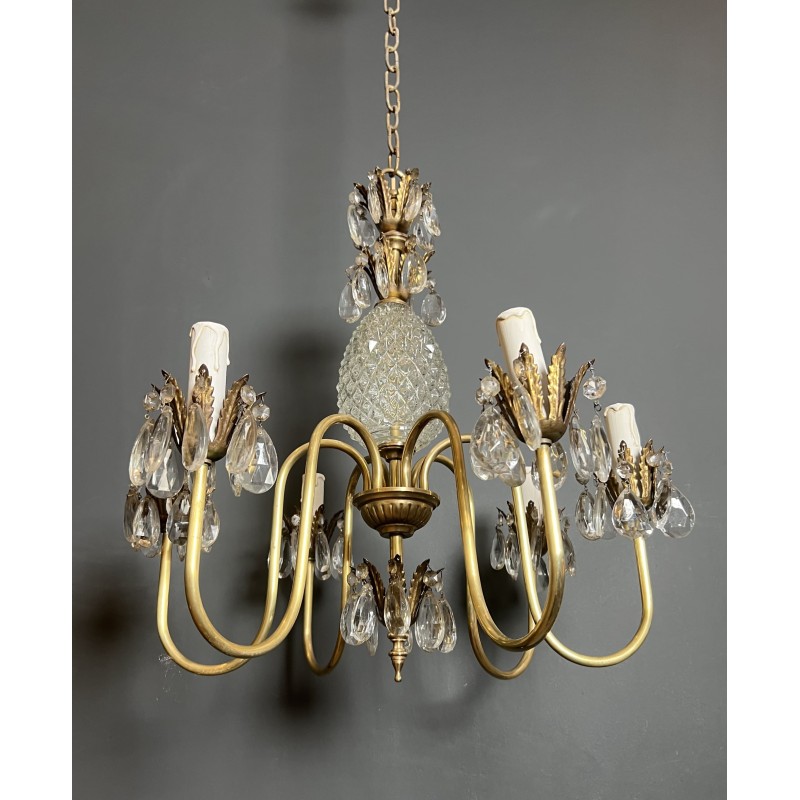 Lustre Ananas en Verre Taillé et Laiton Doré à Six Bras de | Maison Barrois