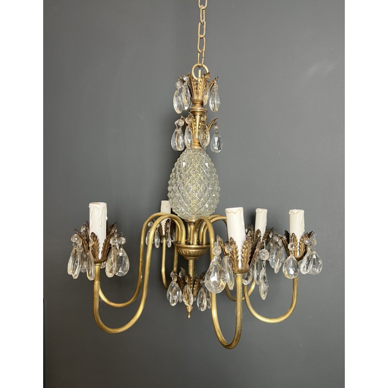 Lustre Ananas en Verre Taillé et Laiton Doré à Six Bras de | Maison Barrois