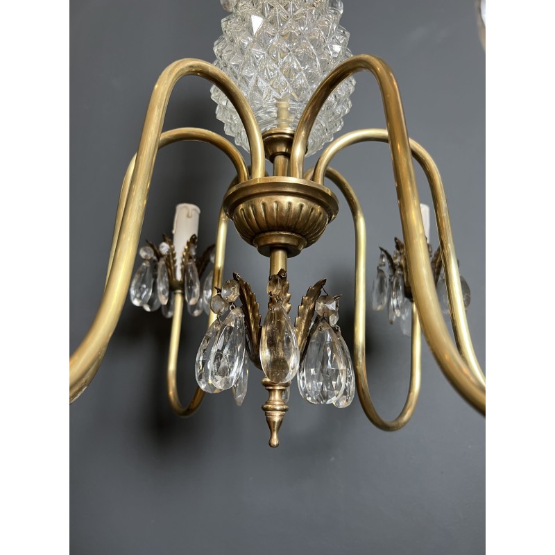 Lustre Ananas en Verre Taillé et Laiton Doré à Six Bras de | Maison Barrois