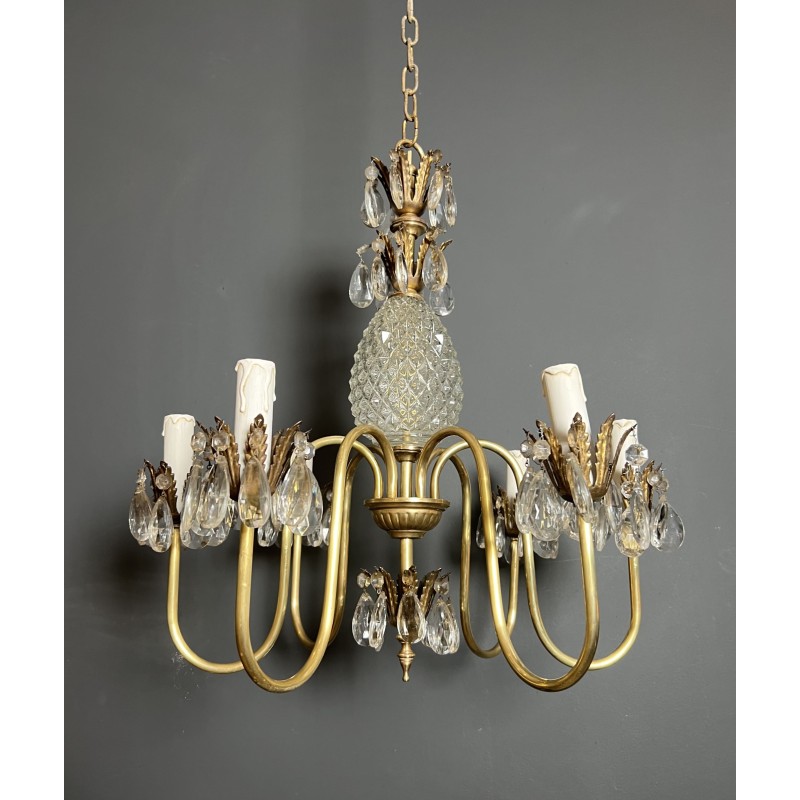 Lustre Ananas en Verre Taillé et Laiton Doré à Six Bras de | Maison Barrois