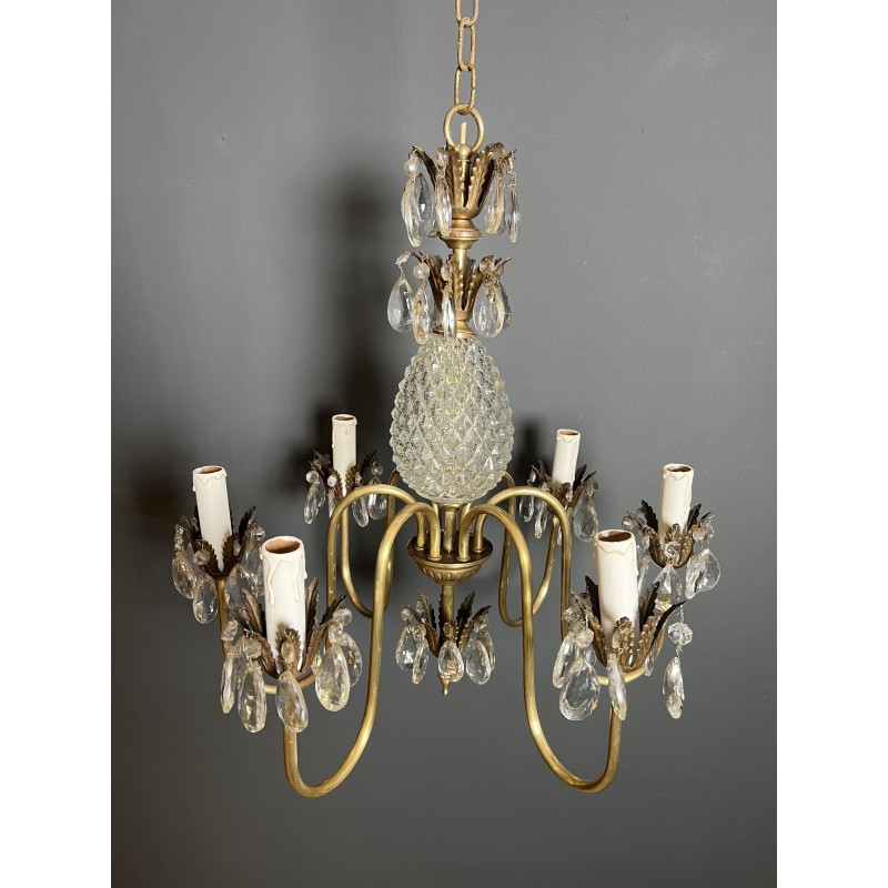 Lustre Ananas en Verre Taillé et Laiton Doré à Six Bras de | Maison Barrois