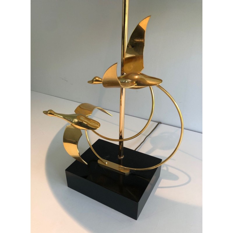 Lampe de Table en Laiton à Vol d’Oies Sauvages, Travail Français, vers 1970