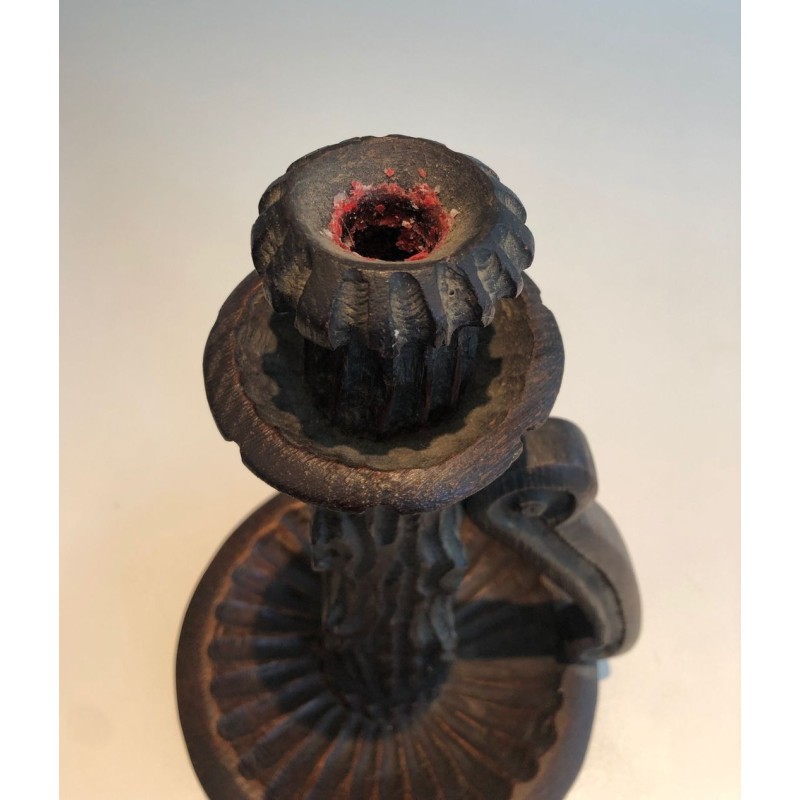 Pair of Brutalist Carved Wood Candleholders, French Work, circa 1950