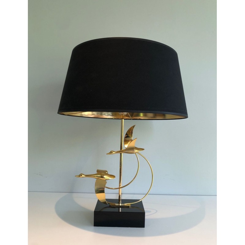 Lampe de Table en Laiton à Vol d’Oies Sauvages, Travail Français, vers 1970
