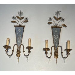 Paire d'Appliques en Métal Doré à Miroirs Gravés à Décors, | Maison Barrois