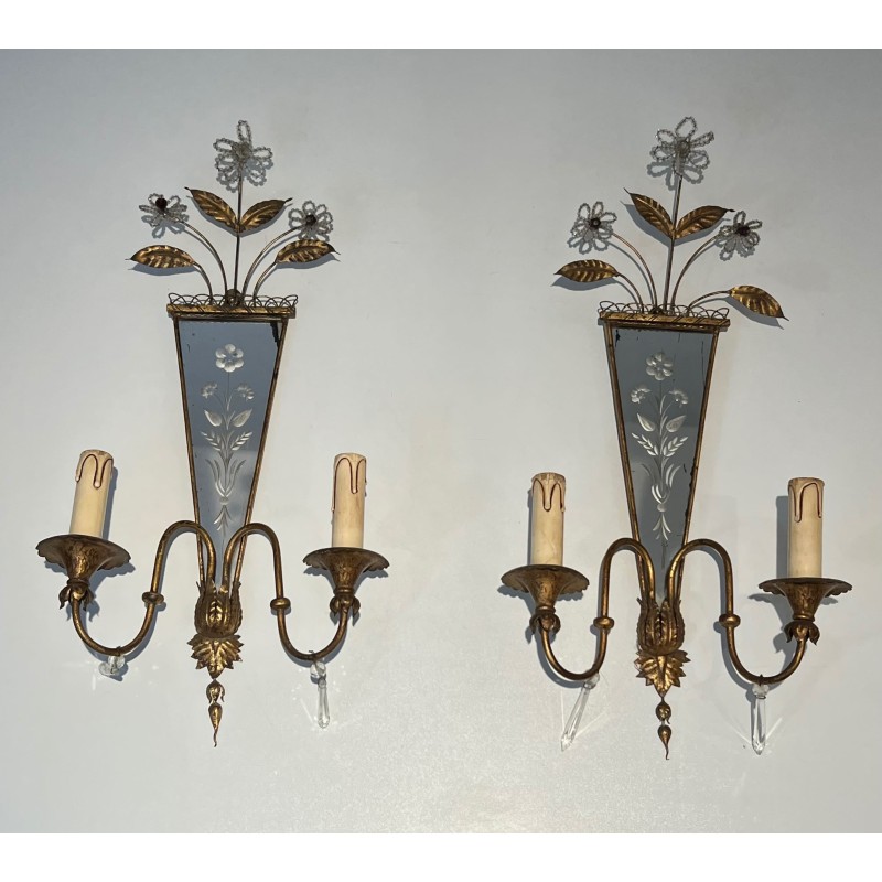 Paire d'Appliques en Métal Doré à Miroirs Gravés à Décors, | Maison Barrois