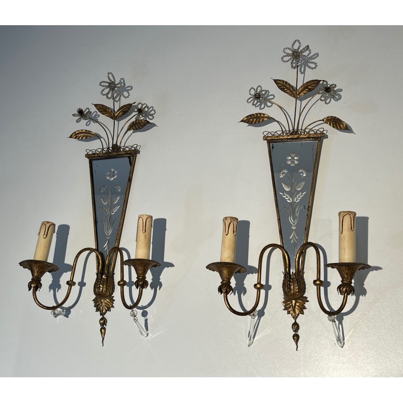 Paire d'Appliques en Métal Doré à Miroirs Gravés à Décors, | Maison Barrois