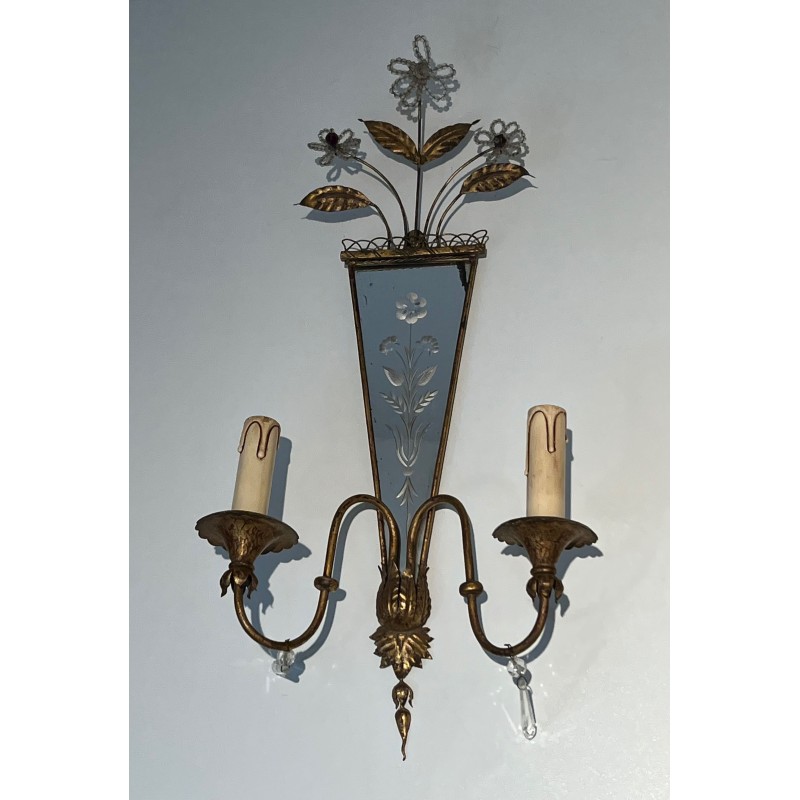Paire d'Appliques en Métal Doré à Miroirs Gravés à Décors, | Maison Barrois