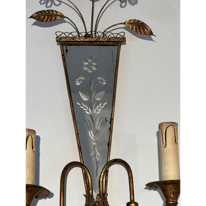 Paire d'Appliques en Métal Doré à Miroirs Gravés à Décors, | Maison Barrois