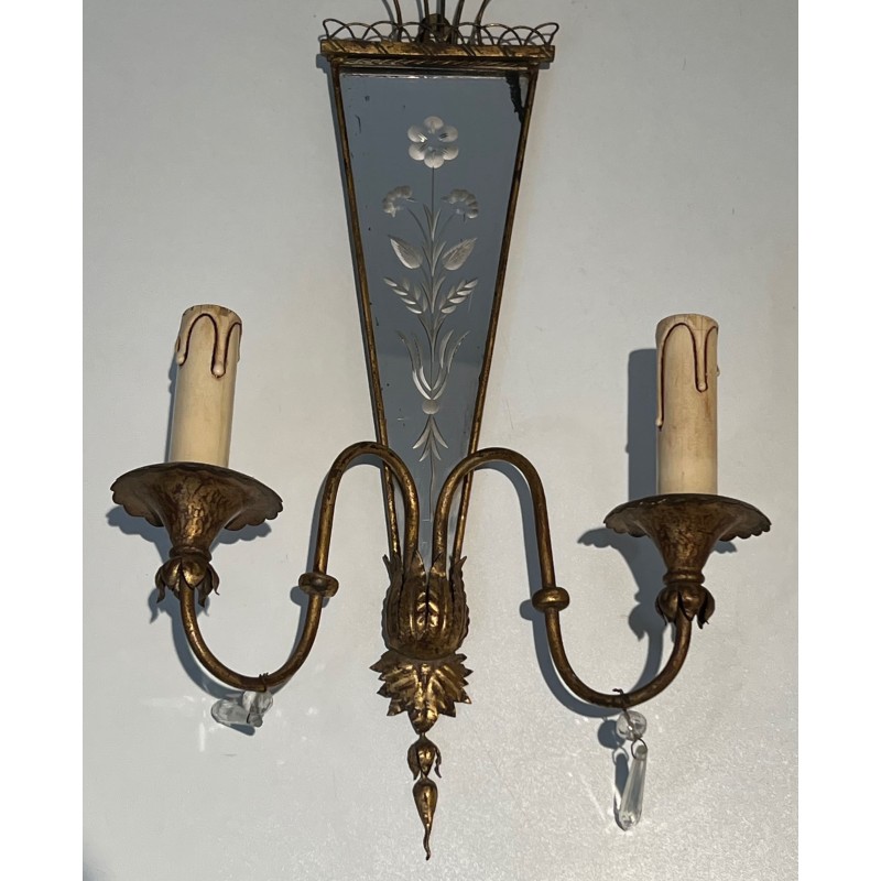 Paire d'Appliques en Métal Doré à Miroirs Gravés à Décors, | Maison Barrois