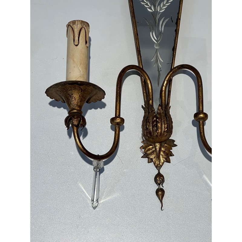 Paire d'Appliques en Métal Doré à Miroirs Gravés à Décors, | Maison Barrois