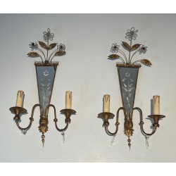 Paire d'Appliques en Métal Doré à Miroirs Gravés à Décors, | Maison Barrois