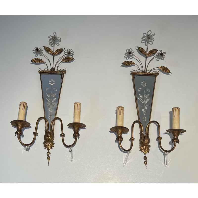 Paire d'Appliques en Métal Doré à Miroirs Gravés à Décors, | Maison Barrois