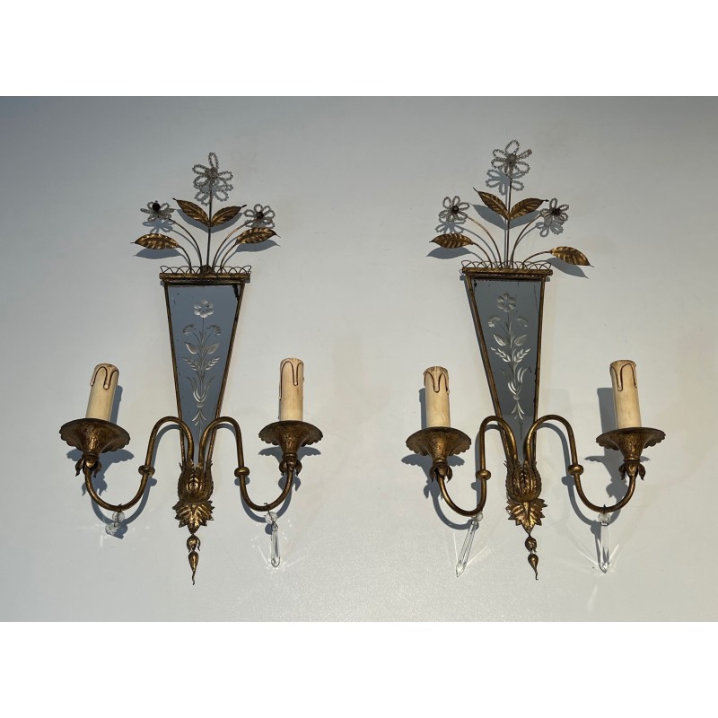 Paire d'Appliques en Métal Doré à Miroirs Gravés à Décors, | Maison Barrois