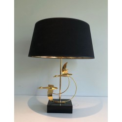Lampe de Table en Laiton à Vol d’Oies Sauvages, Travail Français, vers 1970