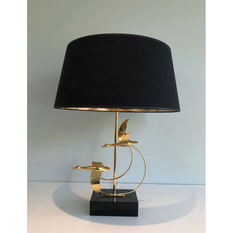 Lampe de Table en Laiton à Vol d’Oies Sauvages, Travail Français, vers 1970