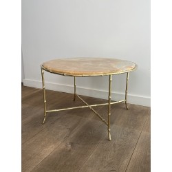 Round Coffee Table in Faux-Bamboo Bronze with an Onyx Top, | Maison Barrois